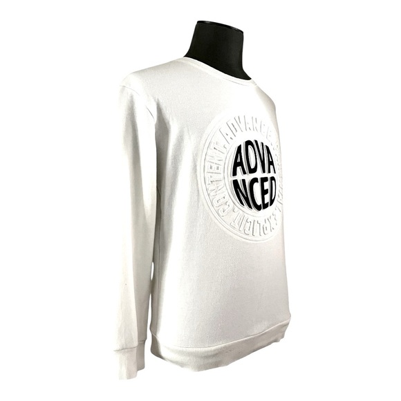 Men's Sweater White Black Embossed Print Token Front Sweatshirt Crewneck Top - Picture 2 of 4